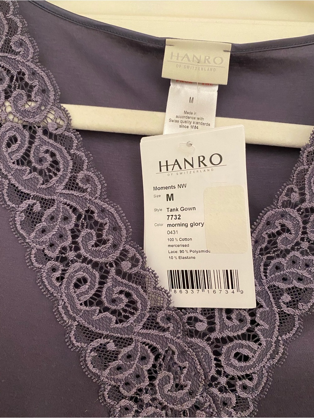 NWT Hanro Luxury Sleepwear 100% Cotton Tank Gown With Lace V-Neck Trim Purple M - Picture 4 of 12